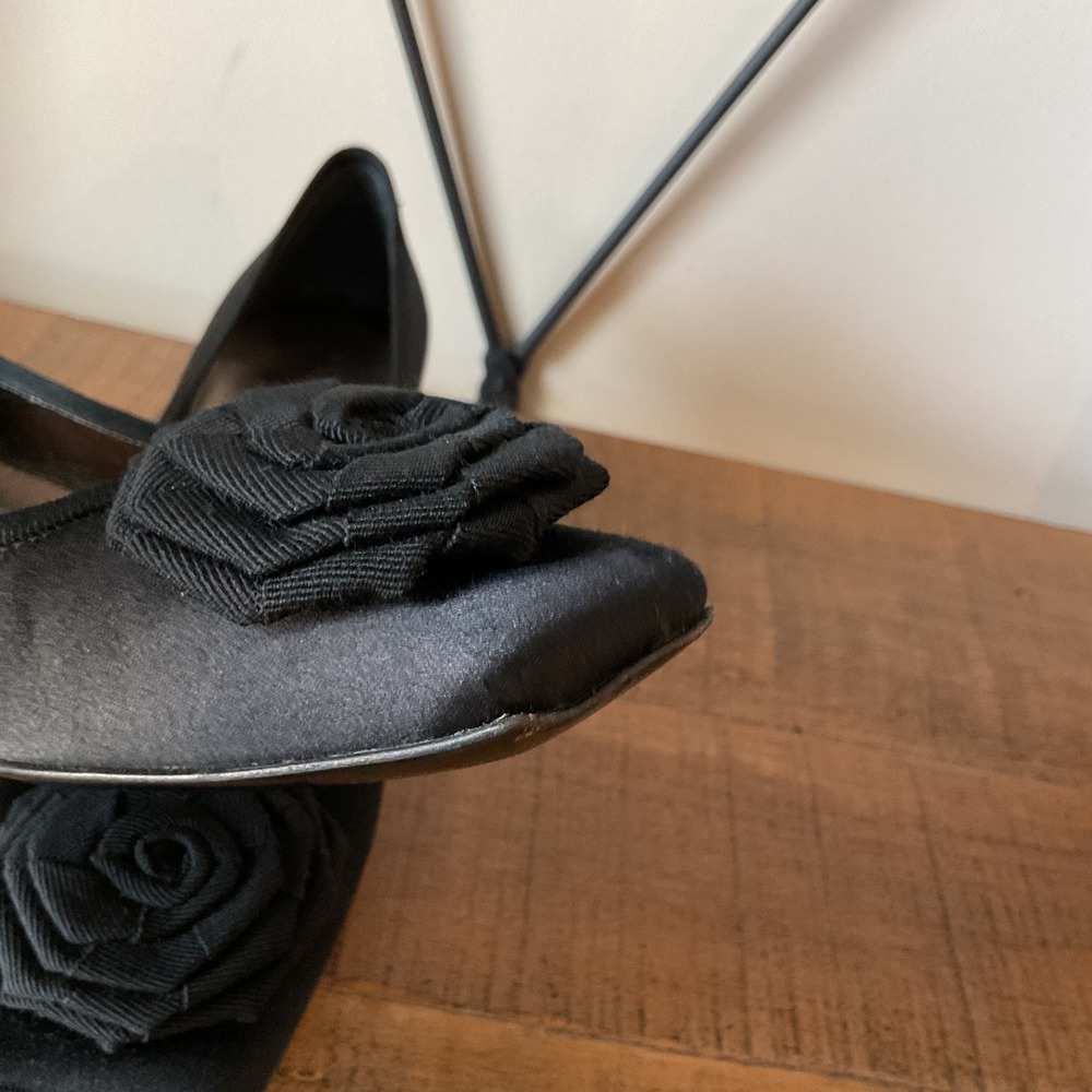 Salvatore Ferragamo Black Satin Rosette Square Toe Kitten Heels 7B Coquette VTG - Picture 4 of 16